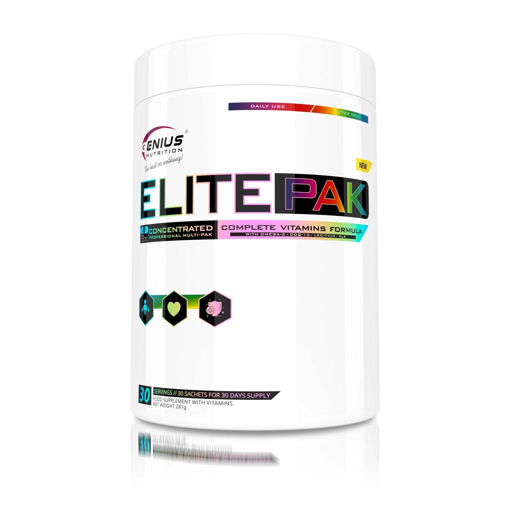 Genius Nutrition ELITEPAK supplement box with 30 individual packs, containing dietary supplements for daily nutrition