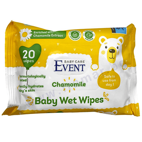 Event Baby Wet Wipes with Chamomile by PETROUTSIOS, 20-pack, featuring chamomile for gentle baby skin cleansing.