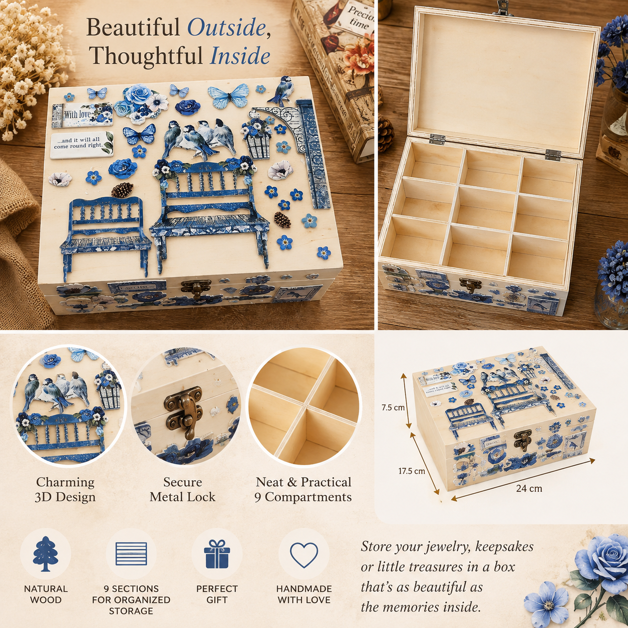 Precious Moments – Handmade Blue Garden Wooden Jewellery & Keepsake Box