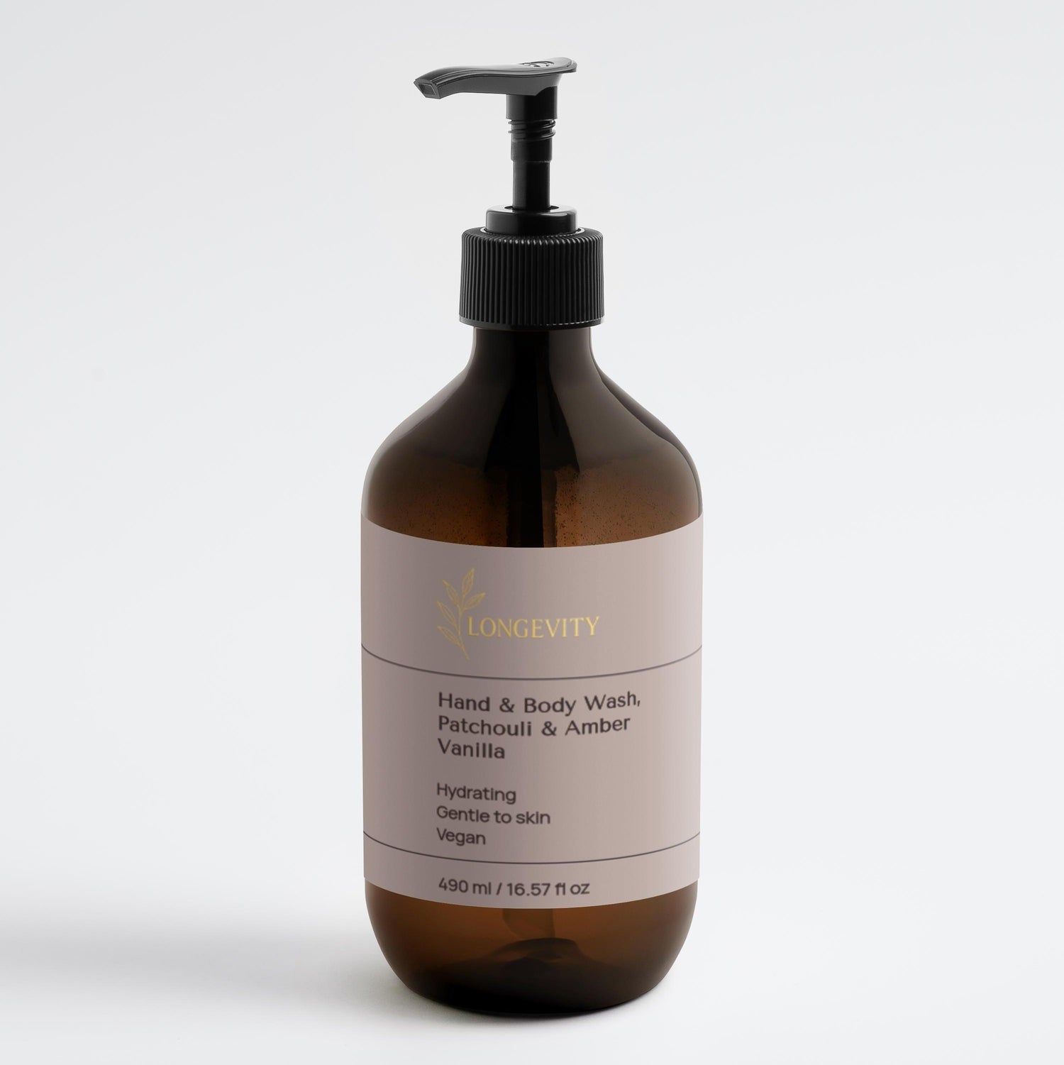 SELNAMEd Longevity Hand & Body Wash in Patchouli & Amber Vanilla, 490ml bottle with front label and pump dispenser.