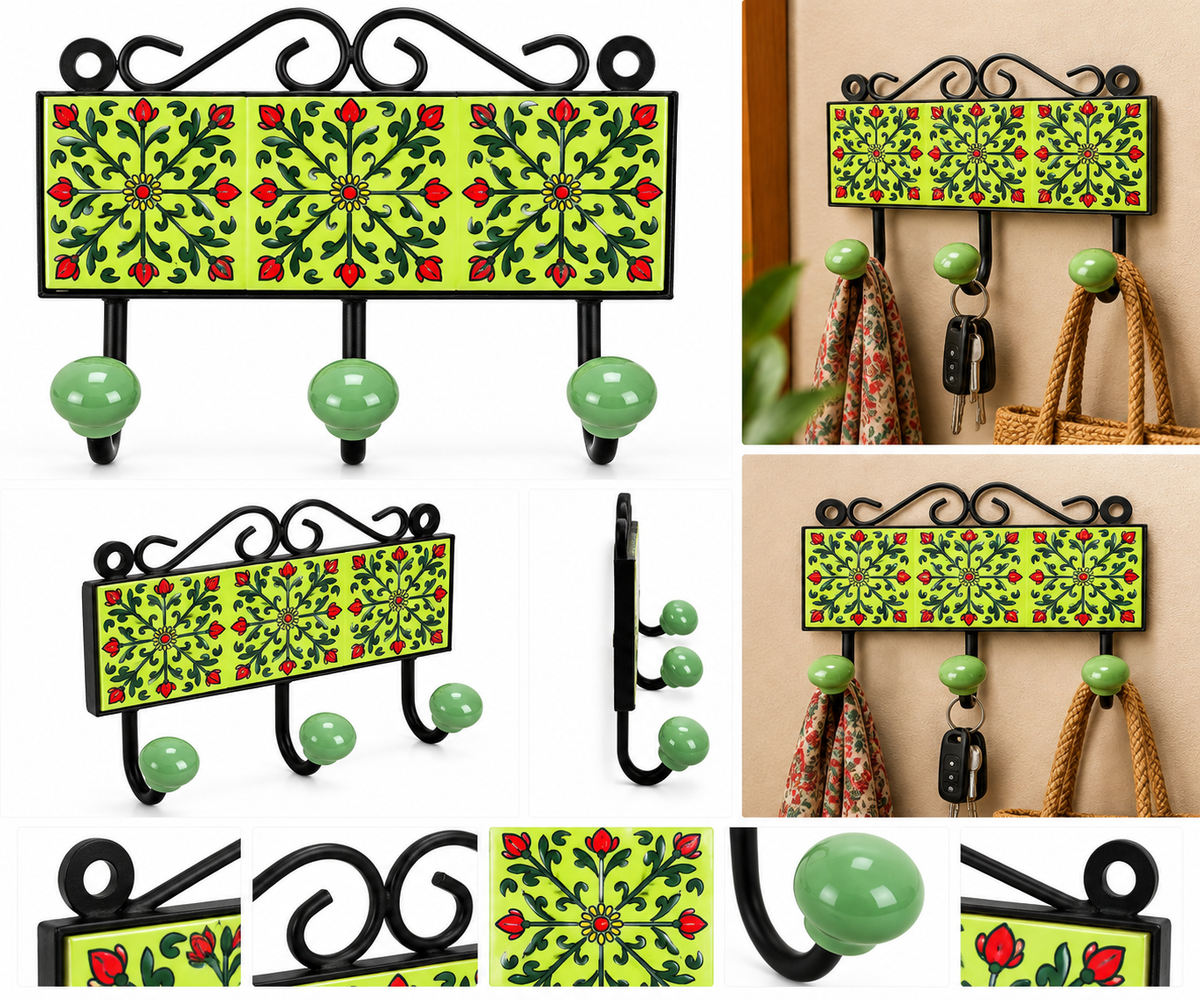 Hand-painted floral ceramic and metal wall hook rack with three hooks in green and red, ideal for home decor storage.