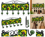 Hand-painted green floral wall rack with six hooks, ideal for home decor and organization, by GREEN LIFE WORLD.