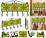 Hand-painted green and yellow floral wall hook rack with six hooks, ideal for home decor and organization.