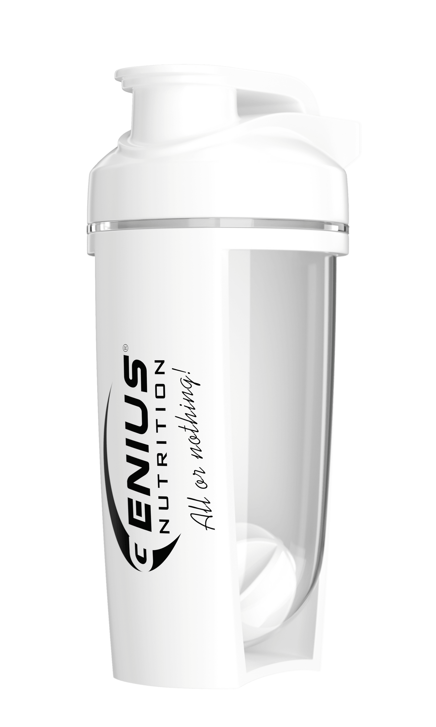 White G-SHAKER 500ML from Genius Nutrition, a sleek shaker bottle with a secure lid and mixing ball, perfect for fitness drinks.