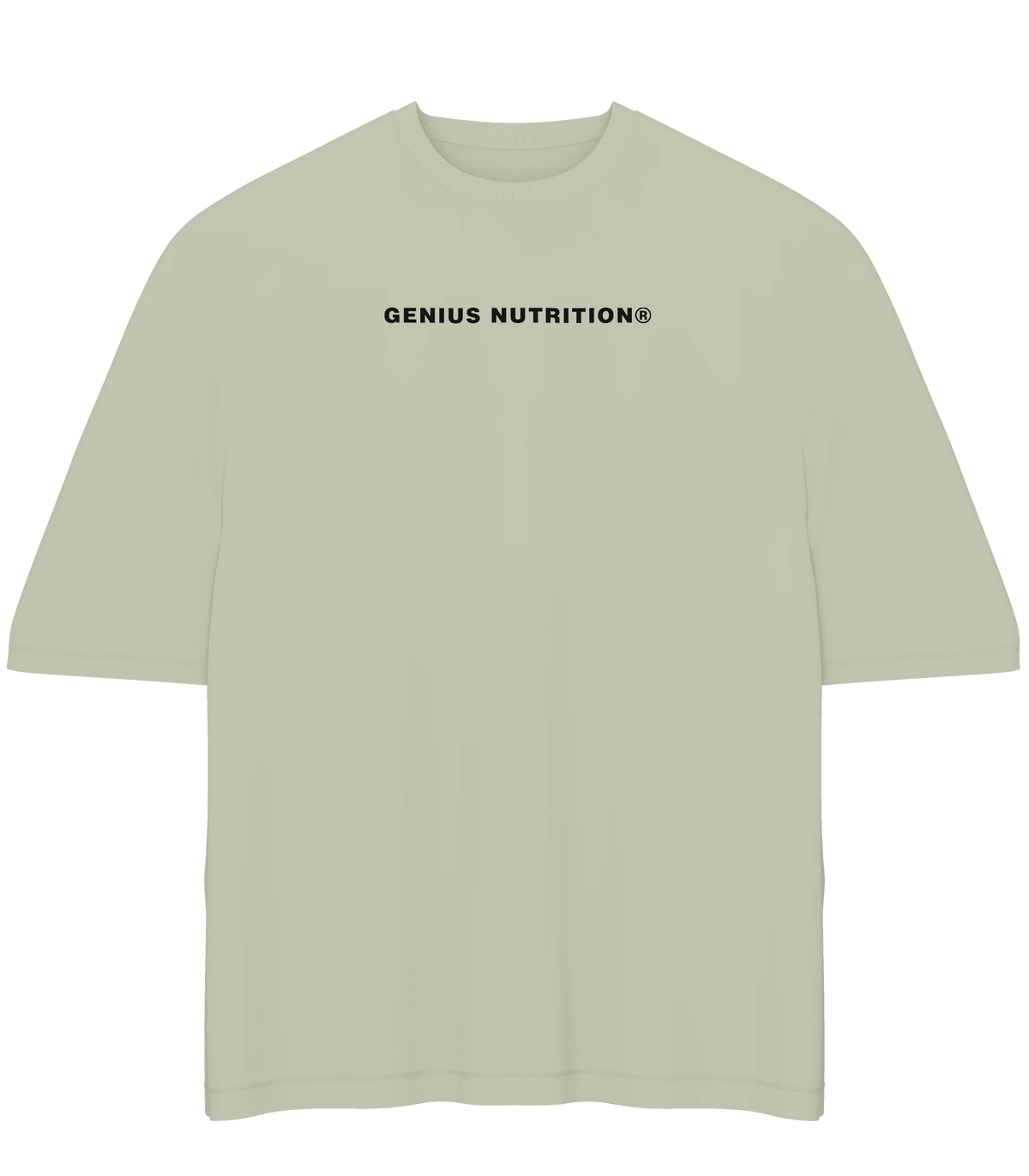 Genius Nutrition oversized khaki green T-shirt in XL, casual fit, soft fabric, displayed flat with front view.