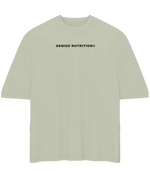 Genius Nutrition oversized khaki green T-shirt in XL, casual fit, soft fabric, displayed flat with front view.