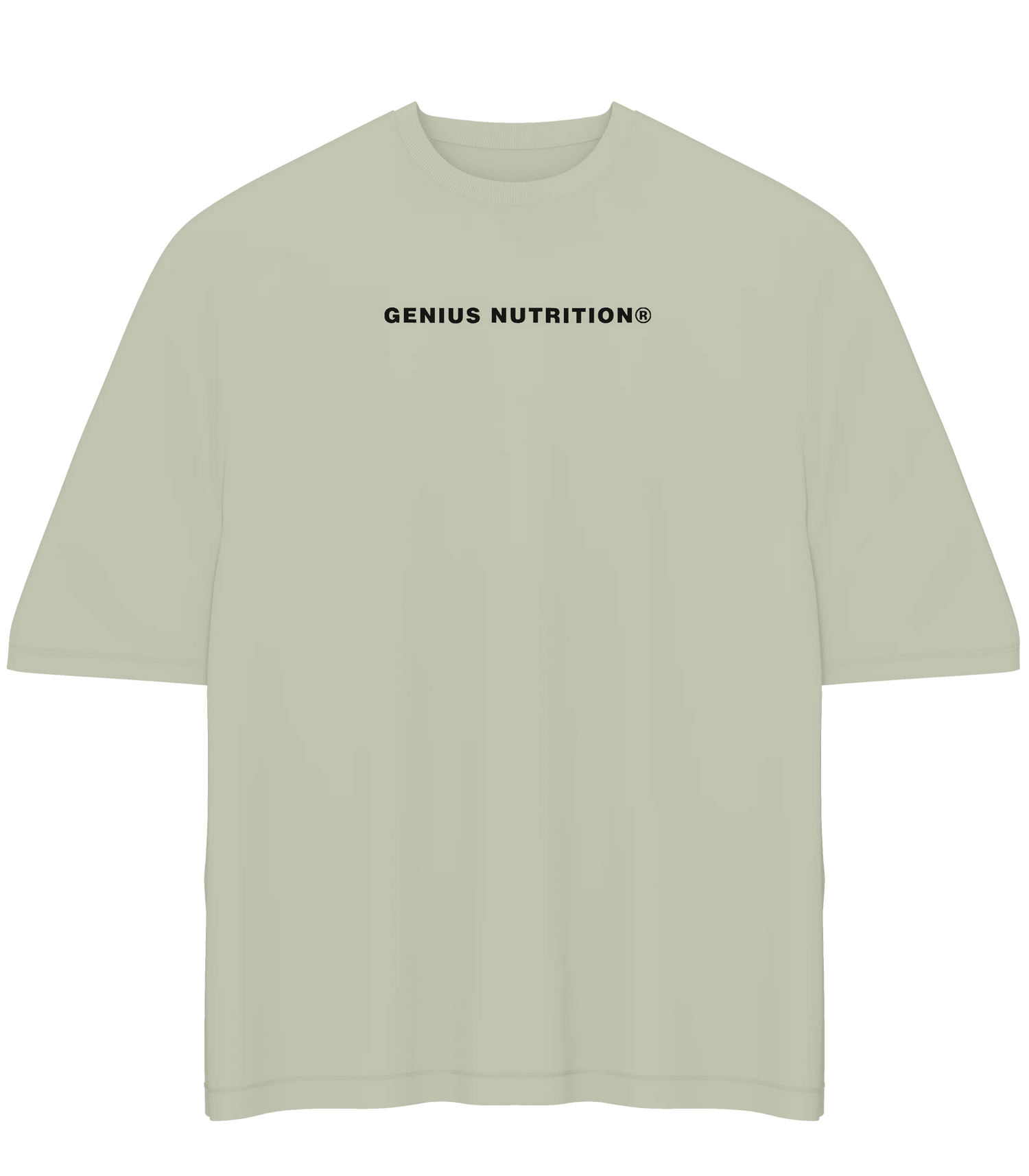 Genius Nutrition oversized khaki green T-shirt in XL, casual fit, soft fabric, displayed flat with front view.