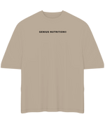 Genius Nutrition oversized T-shirt in sand color, XL size, casual fit, soft fabric, front logo design, displayed on a plain background.