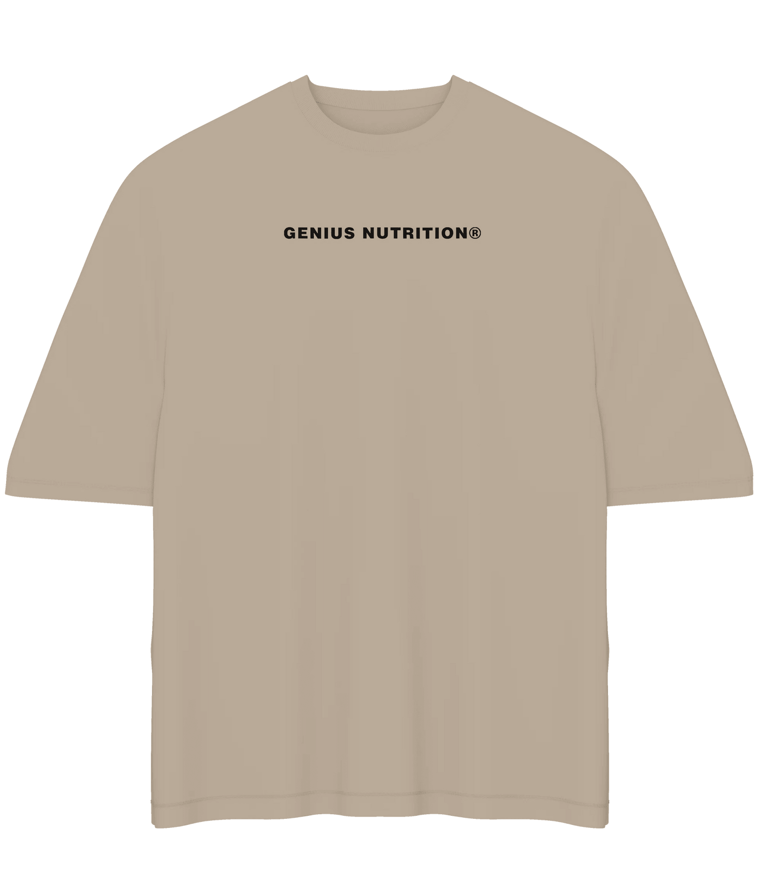 Genius Nutrition oversized T-shirt in sand color, XL size, casual fit, soft fabric, front logo design, displayed on a plain background.