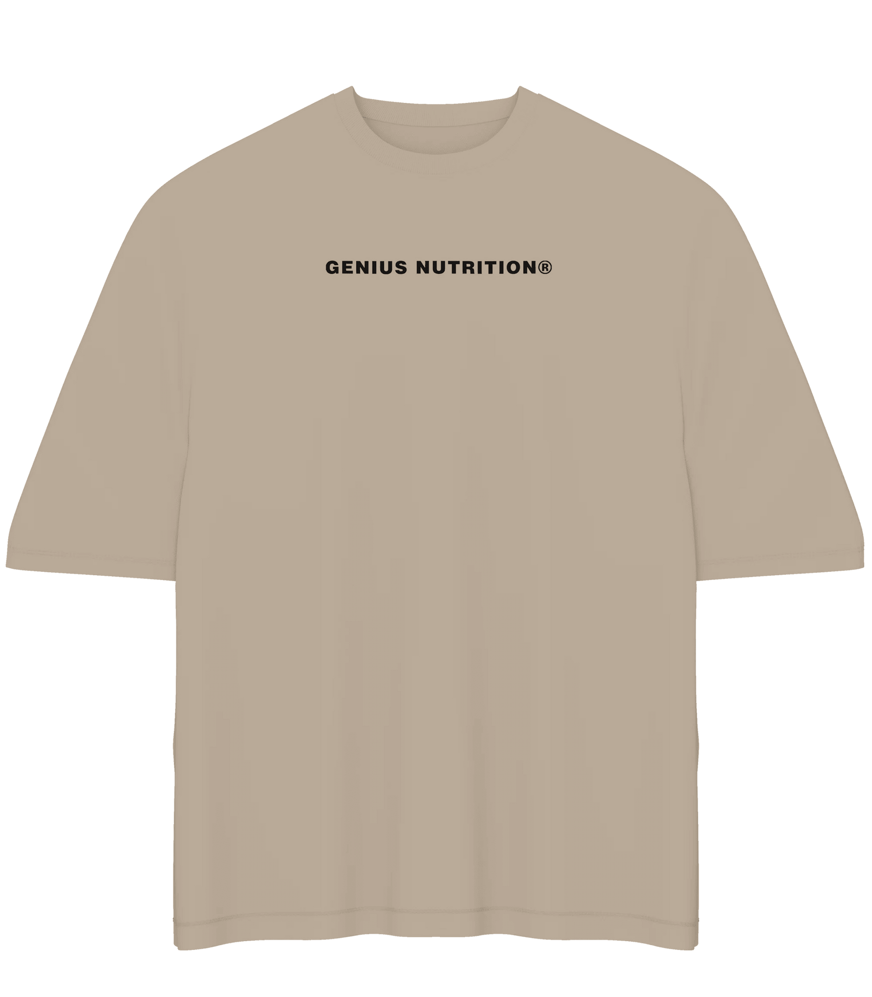 Genius Nutrition oversized T-shirt in sand color, XL size, casual fit, soft fabric, front logo design, displayed on a plain background.