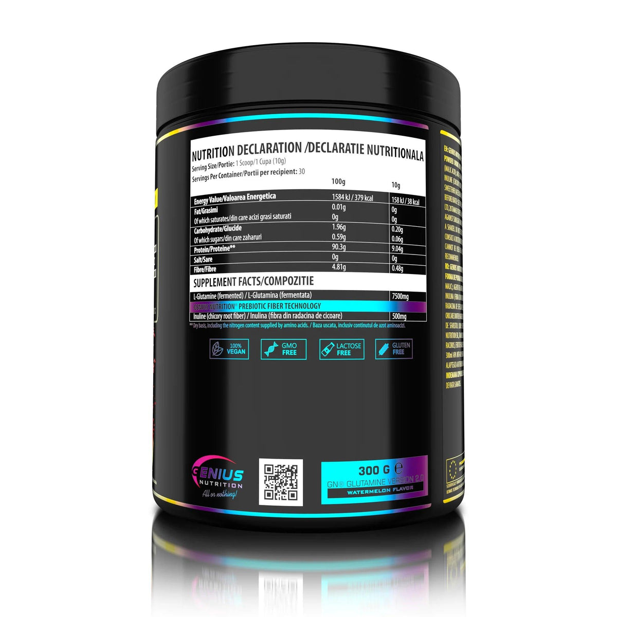 Genius Nutrition Glutamine supplement in watermelon flavor, 300g jar with 30 servings, showing the product container and label
