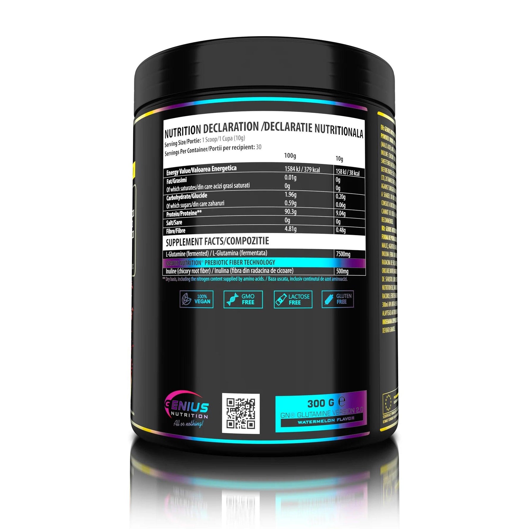 Genius Nutrition Glutamine supplement in watermelon flavor, 300g jar with 30 servings, showing the product container and label