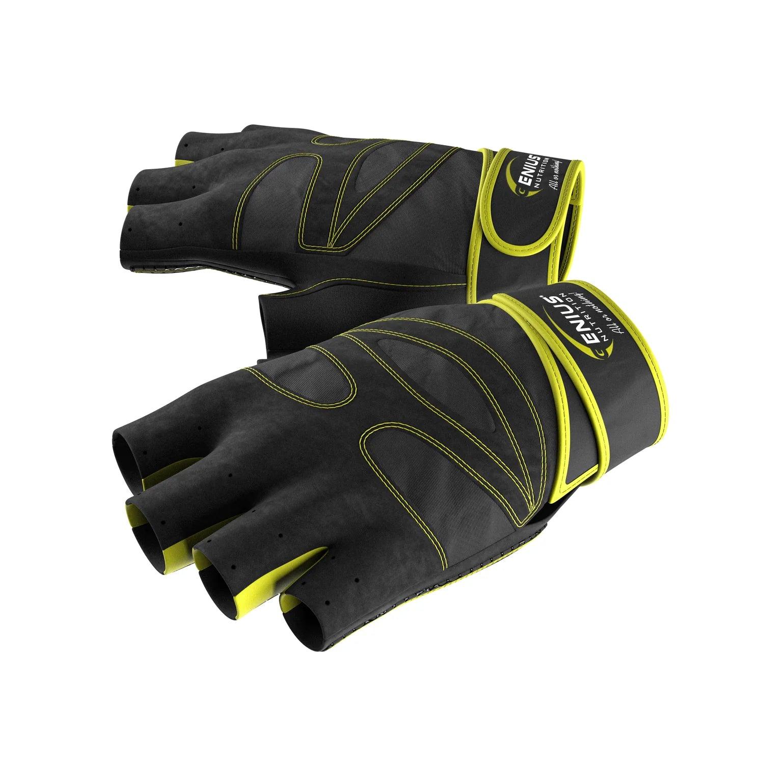 Black and yellow Genius Nutrition GYM GLOVES GG-1 designed for weightlifting and fitness training with padded palms and adjustable straps.