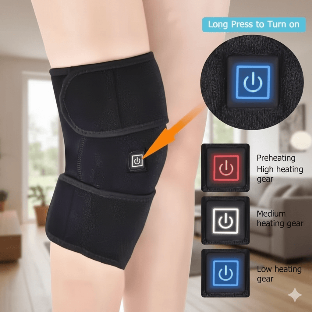 Heated USB knee massager from TEMU with soft fabric and adjustable straps, designed for soothing knee pain relief at home.