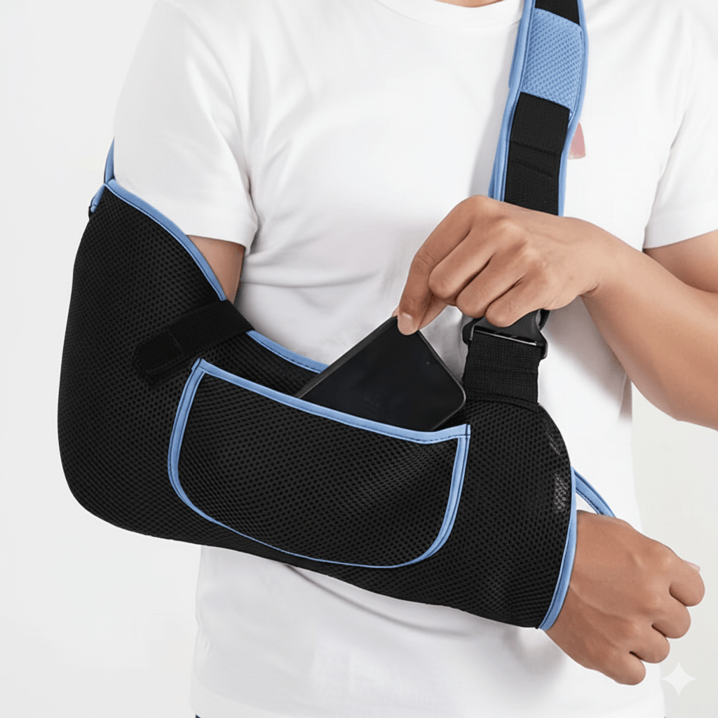 AirComfort SecureFit adult arm sling with breathable mesh, wrist stabilizer, and storage pocket by TEMU for comfortable arm support.