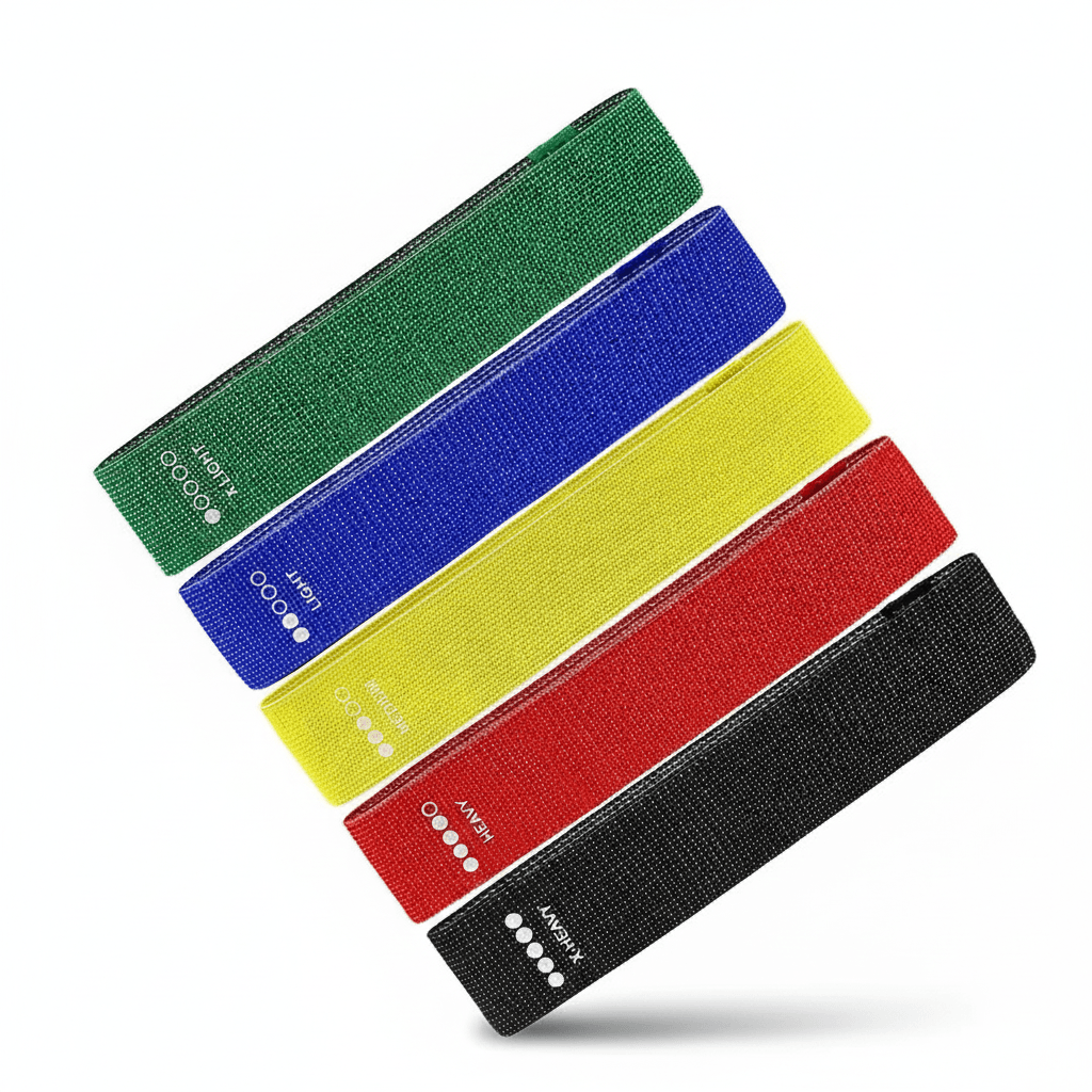 Full-body resistance band set by TEMU featuring vibrant, no-slip elastic bands for versatile home gym workouts and stretching.