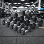 Viking Fitness Viking Professional Hexagon Dumbbell resting on gym floor, black cast iron with textured handle for grip.
