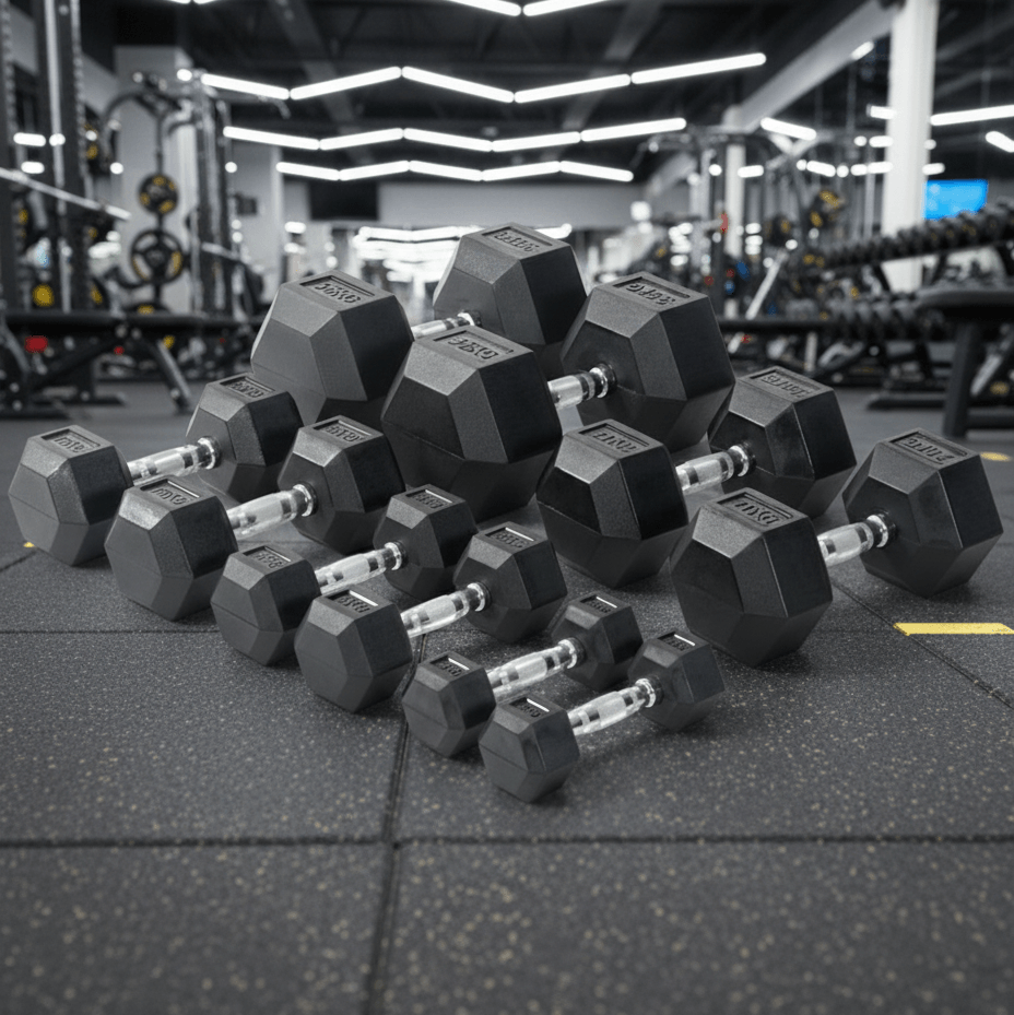 Viking Fitness Viking Professional Hexagon Dumbbell resting on gym floor, black cast iron with textured handle for grip.