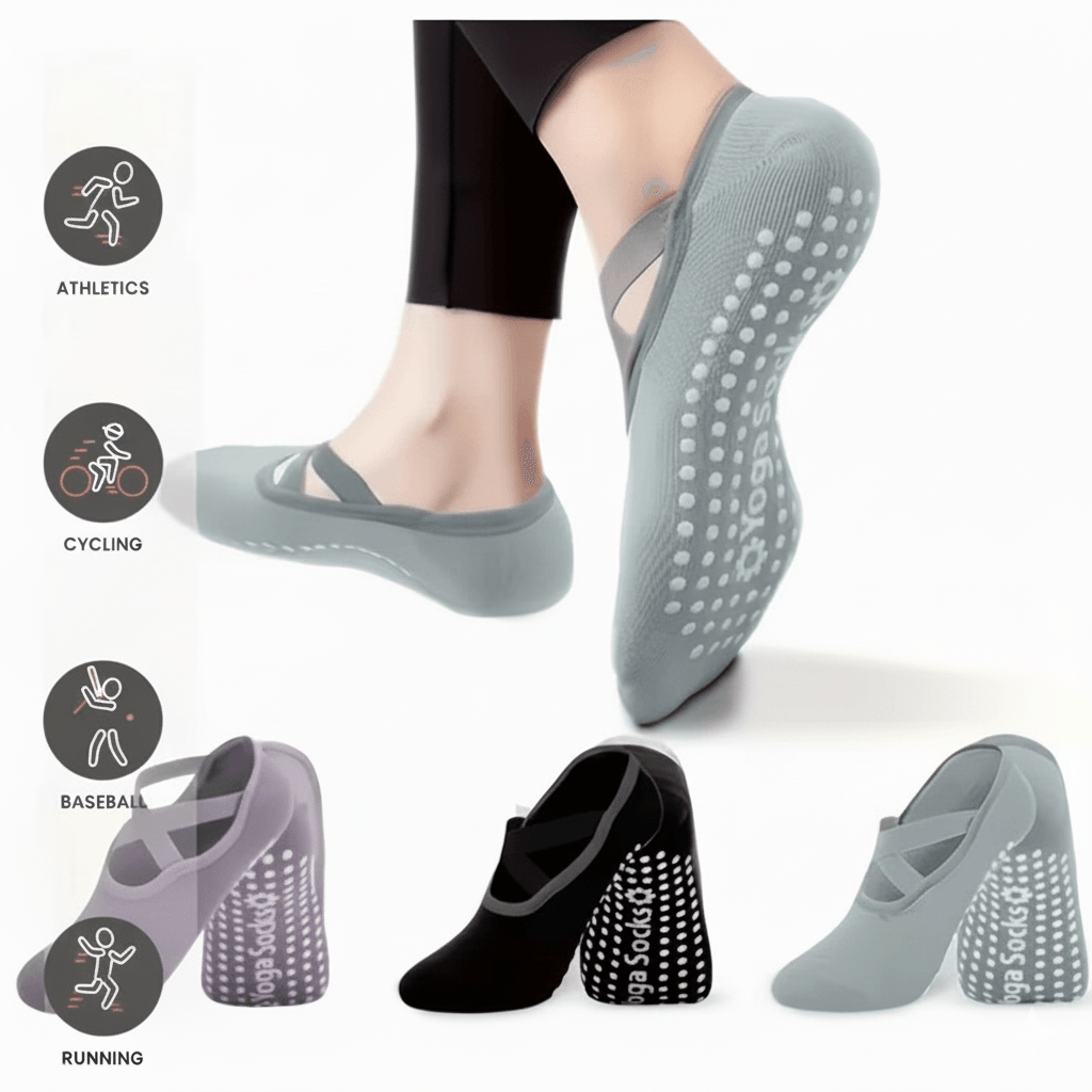 Three pairs of colorful yoga socks with non-slip grips for Pilates and yoga, featuring breathable fabric and flexible fit.