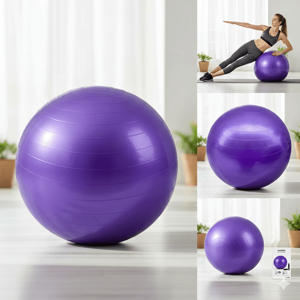 Pink TEMU yoga ball accessory for exercise and balance training, shown in a close-up image with a smooth surface.