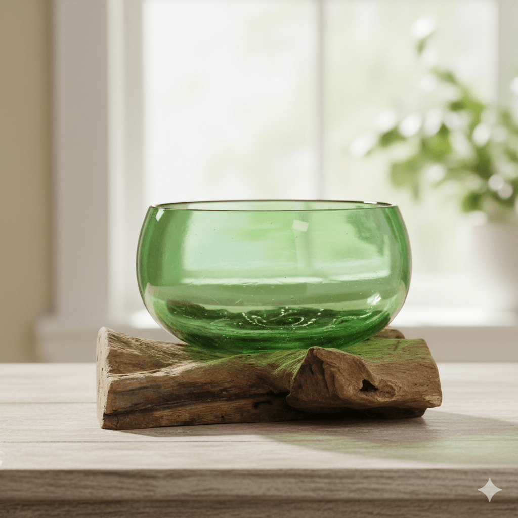 Recycled beer bottles with a wide bowl design on a wooden base, used as stylish home decor by AW GIFTS.