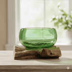 Recycled beer bottles with a wide bowl design on a wooden base, used as stylish home decor by AW GIFTS.