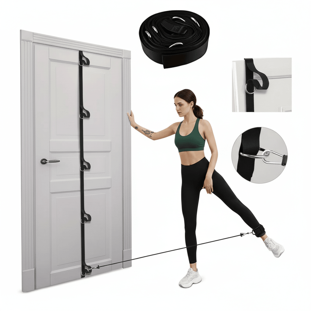 Resistance band door anchor from TEMU, space-saving fitness equipment for secure attachment during resistance training exercises.