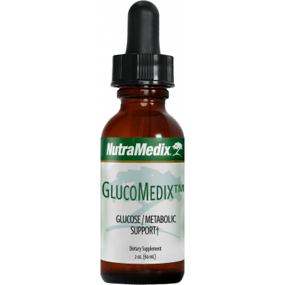 SENTOSA Nutramedix GlucoMedix diabetes control supplement bottle with label, 2oz size, natural health product for blood sugar support