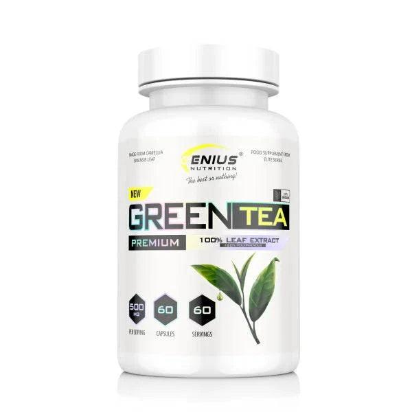 Green tea supplement bottle with 60 capsules from Genius Nutrition, featuring green tea extract for health and wellness.