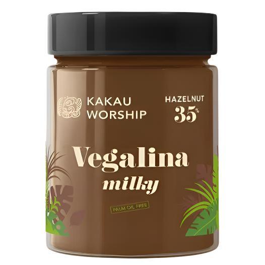 Kakau Worship Vegalina Milky hazelnut spread jar, 350g, with a smooth, creamy hazelnut and milk flavor spread on a white background.