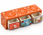 Hand-painted terracotta boho 3-drawer wooden and ceramic organizer for home decor storage and stylish organization.