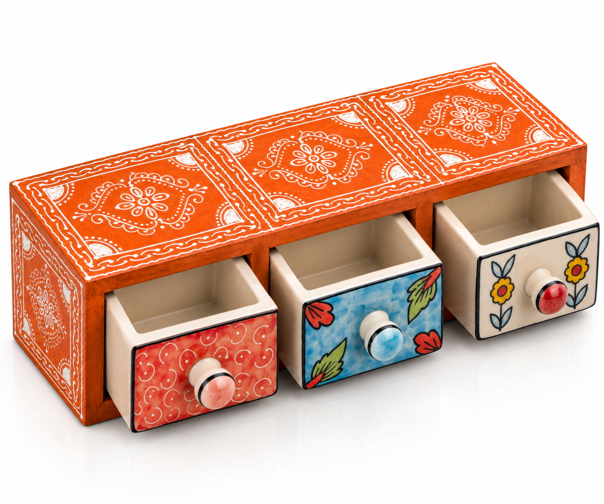 Hand-painted terracotta boho 3-drawer wooden and ceramic organizer for home decor storage and stylish organization.
