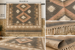 Handwoven beige and brown traditional geometric floor rug, home decor by homes, showing detailed woven pattern and texture.