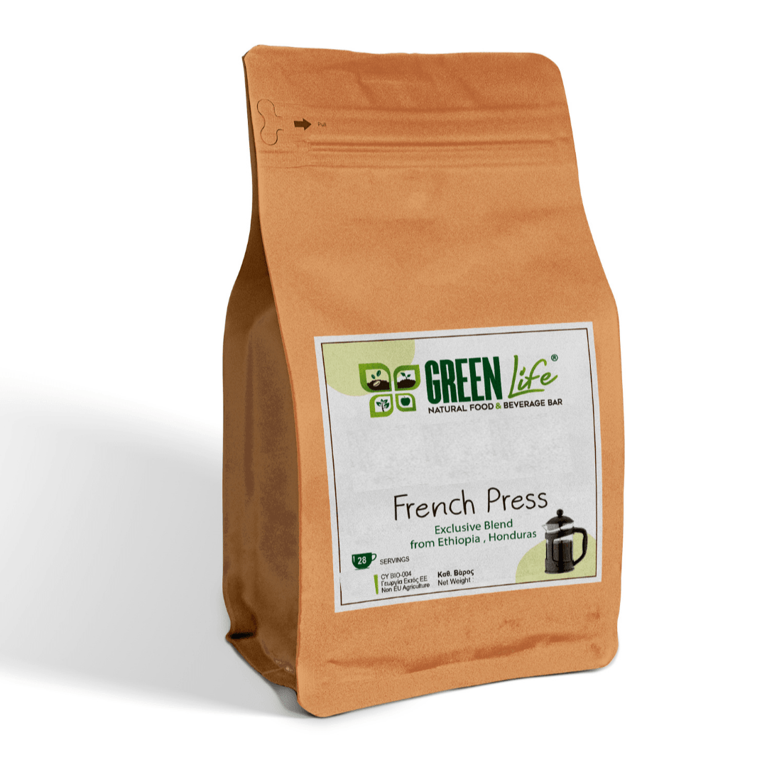 Green Life French Press coffee maker with 200g green coffee beans, showcasing a sleek design and vibrant packaging.