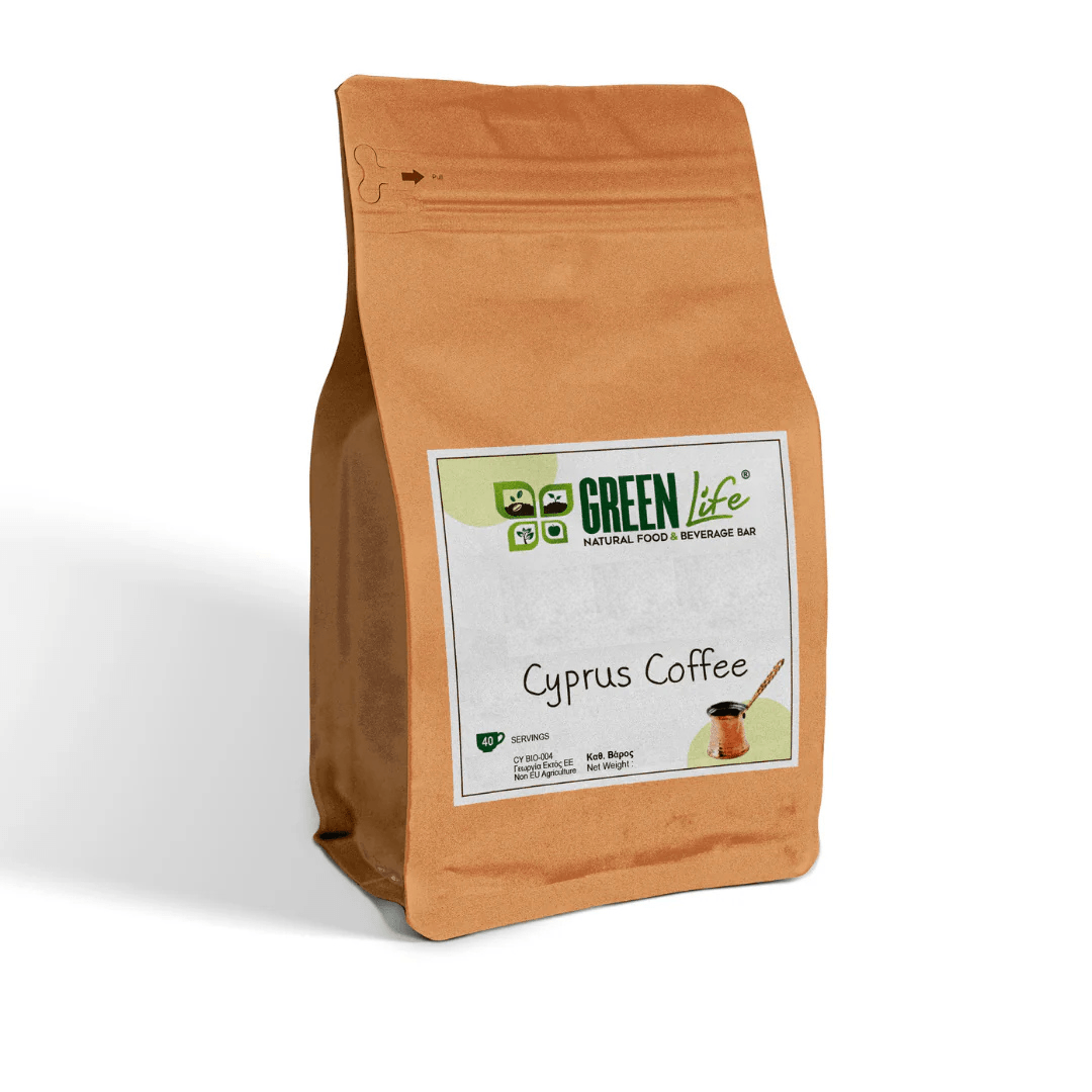 Green Life Cyprus Coffee 200g package featuring fresh green coffee beans in a natural setting
