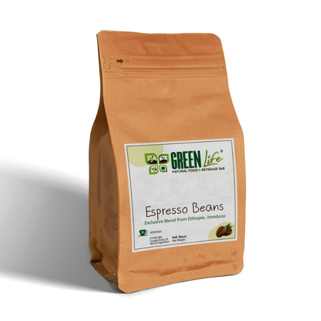Green Life Cyprus green espresso coffee beans in a 200g bag, showcasing fresh, roasted coffee beans for brewing.