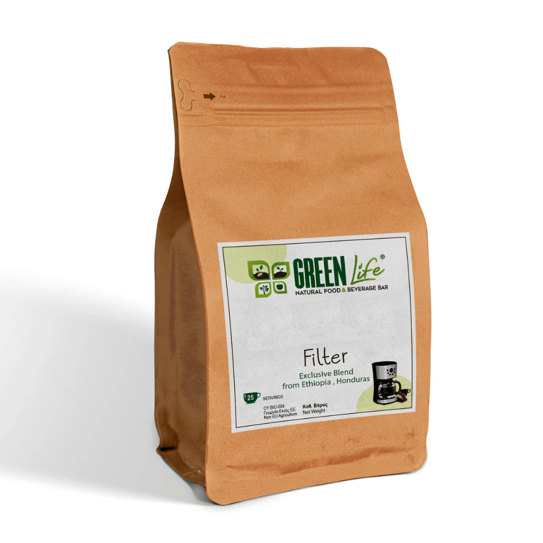 Green Life Cyprus filter coffee 200g bag showing bright green packaging and coffee beans on a neutral background.