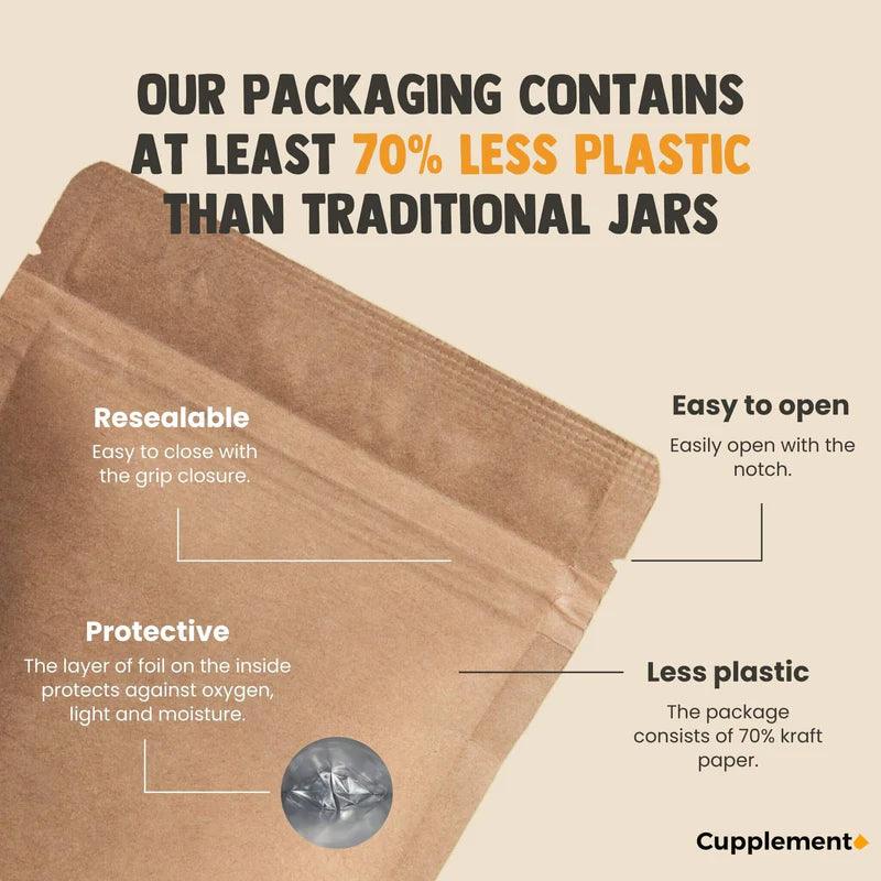 Cupplement Chaga extract capsules, 400 mg, 60 softgel supplement bottles, with infographic showing eco-friendly packaging details.