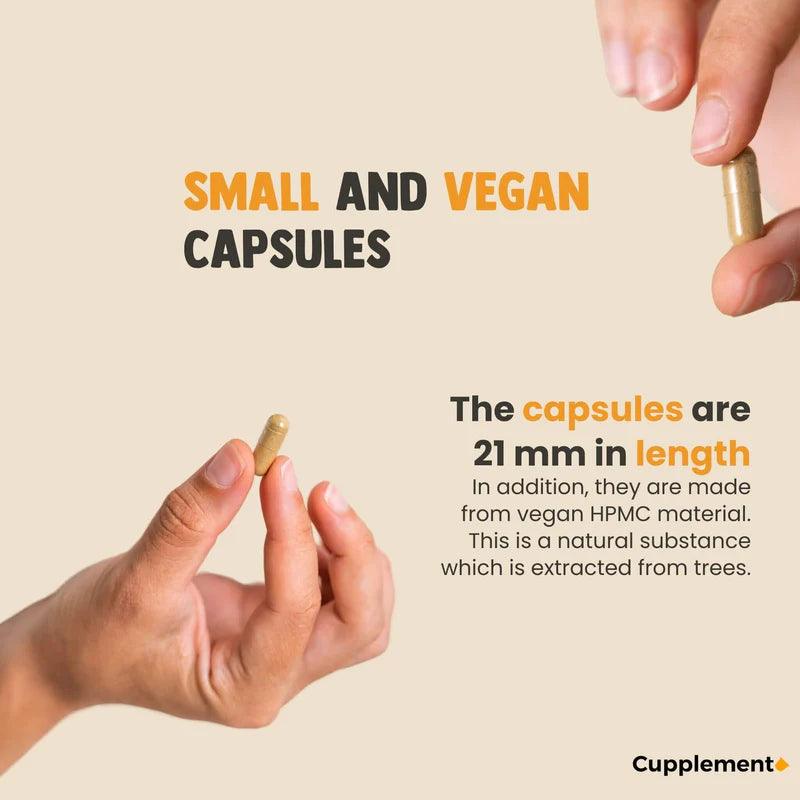 CUPPLEMENT Chaga extract capsules, 400 mg, 60 softgel supplement bottles, showing capsules on infographic background