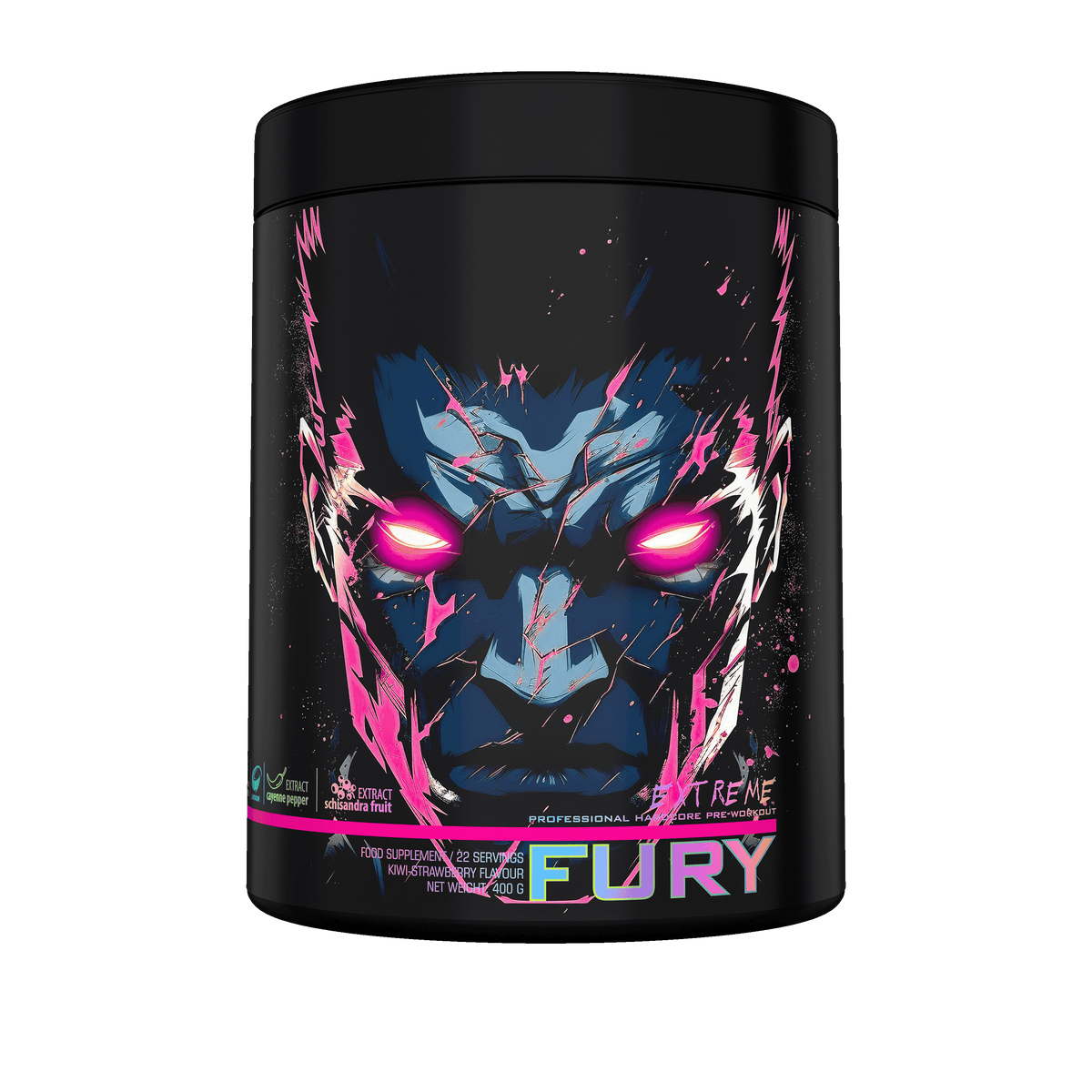 Genius Nutrition Fury Extreme energy supplement in kiwi strawberry flavor, 400g container with vibrant fruit imagery.