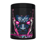 Genius Nutrition Fury Extreme energy supplement in kiwi strawberry flavor, 400g container with vibrant fruit imagery.