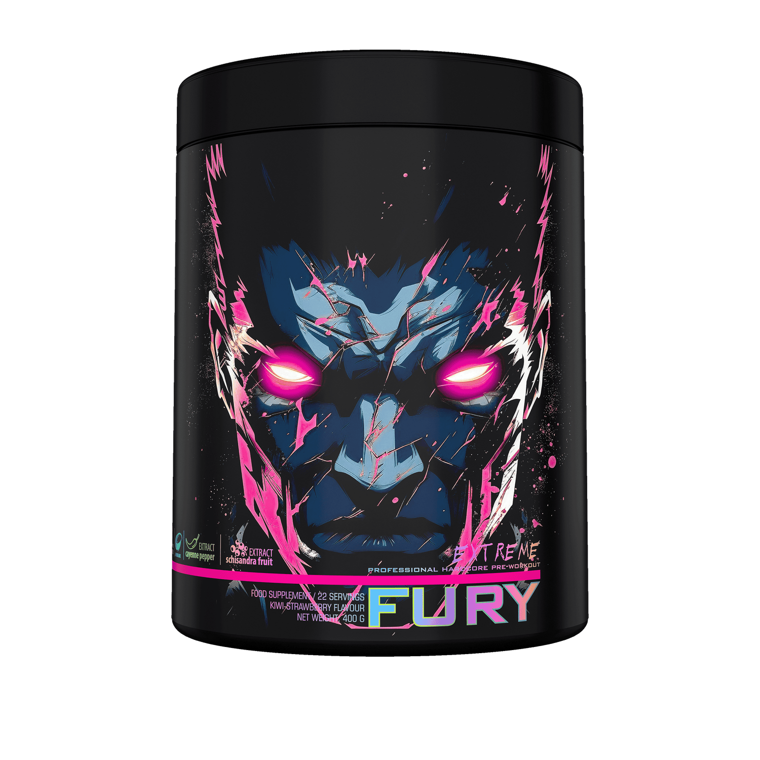 Genius Nutrition Fury Extreme energy supplement in kiwi strawberry flavor, 400g container with vibrant fruit imagery.