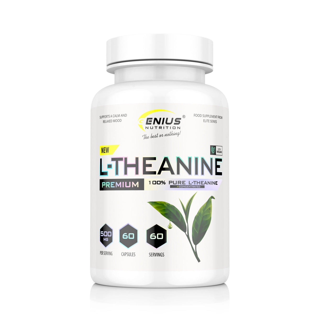 Genius Nutrition L-Theanine supplement bottle with 60 capsules, featuring a label with product details on a white background.