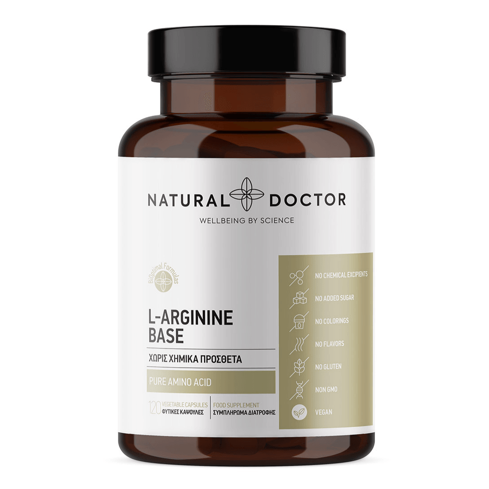VITAREA Natural Doctor L-Arginine Base supplement in 120 vegetarian capsules, dietary supplement for cardiovascular support.