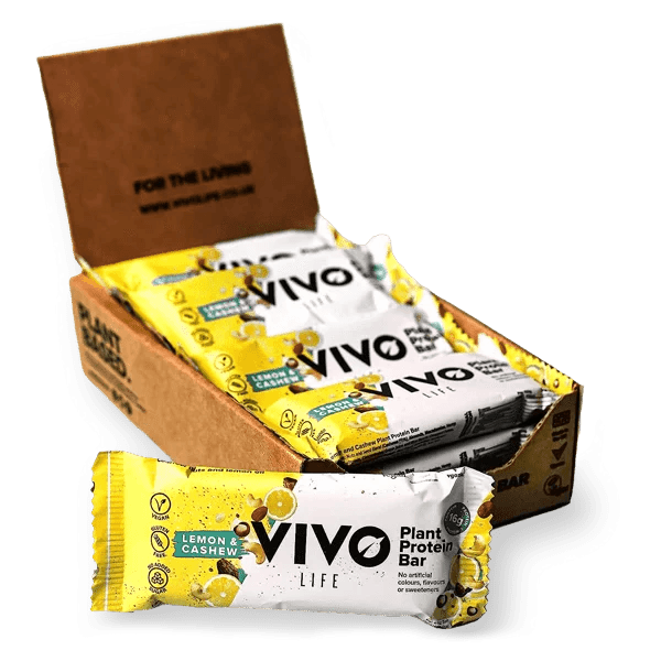 Vivo Life Plant Protein Bars with lemon and cashew flavor, showcasing the energy-boosting snack in a clear wrapper.