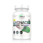 Genius Nutrition Livonac750 supplement bottle with 60 capsules, close-up of the product label and caps.