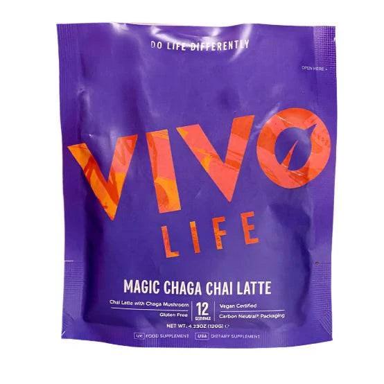 Vivo Life Magic Chaga Chai Latte supplement container with label, showcasing a health supplement in a sleek jar.