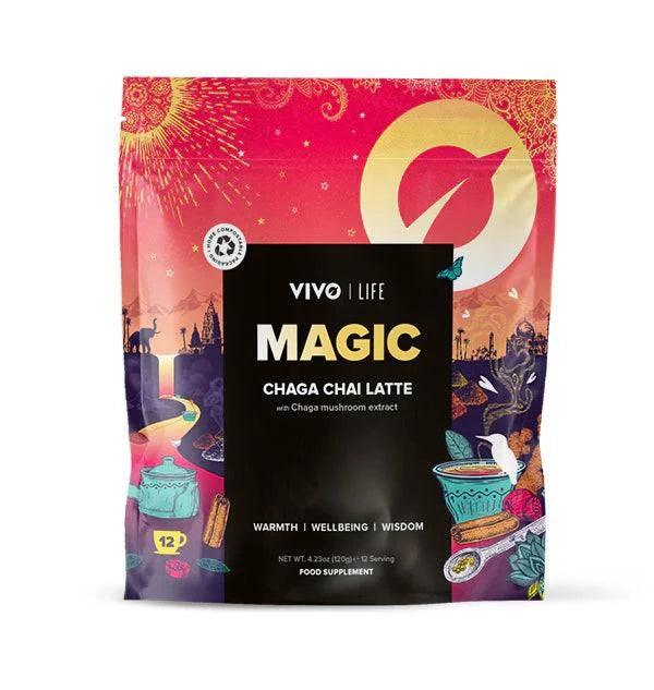 Old Products Magic Chaga Chai Latte supplement in a jar with a scoop, featuring packaging with chai and mushroom imagery.