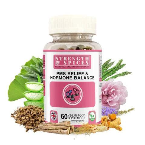 Bottle of STRENGTH & SPICES PMS Relief & Hormone Balance supplement capsules, showing the label and 60 capsules.