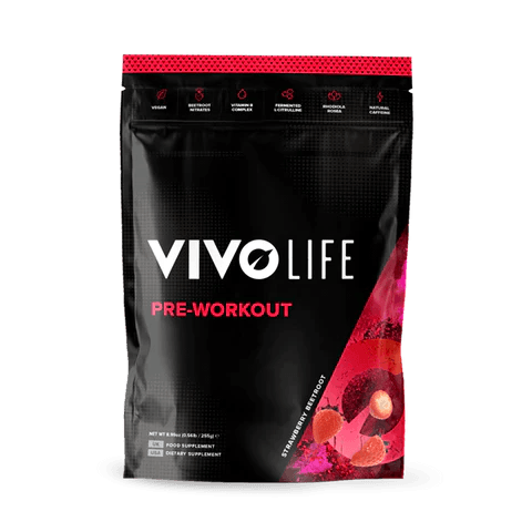 Vivo Life pre-workout supplement container with label, showcasing vibrant branding and product details on a plain background.